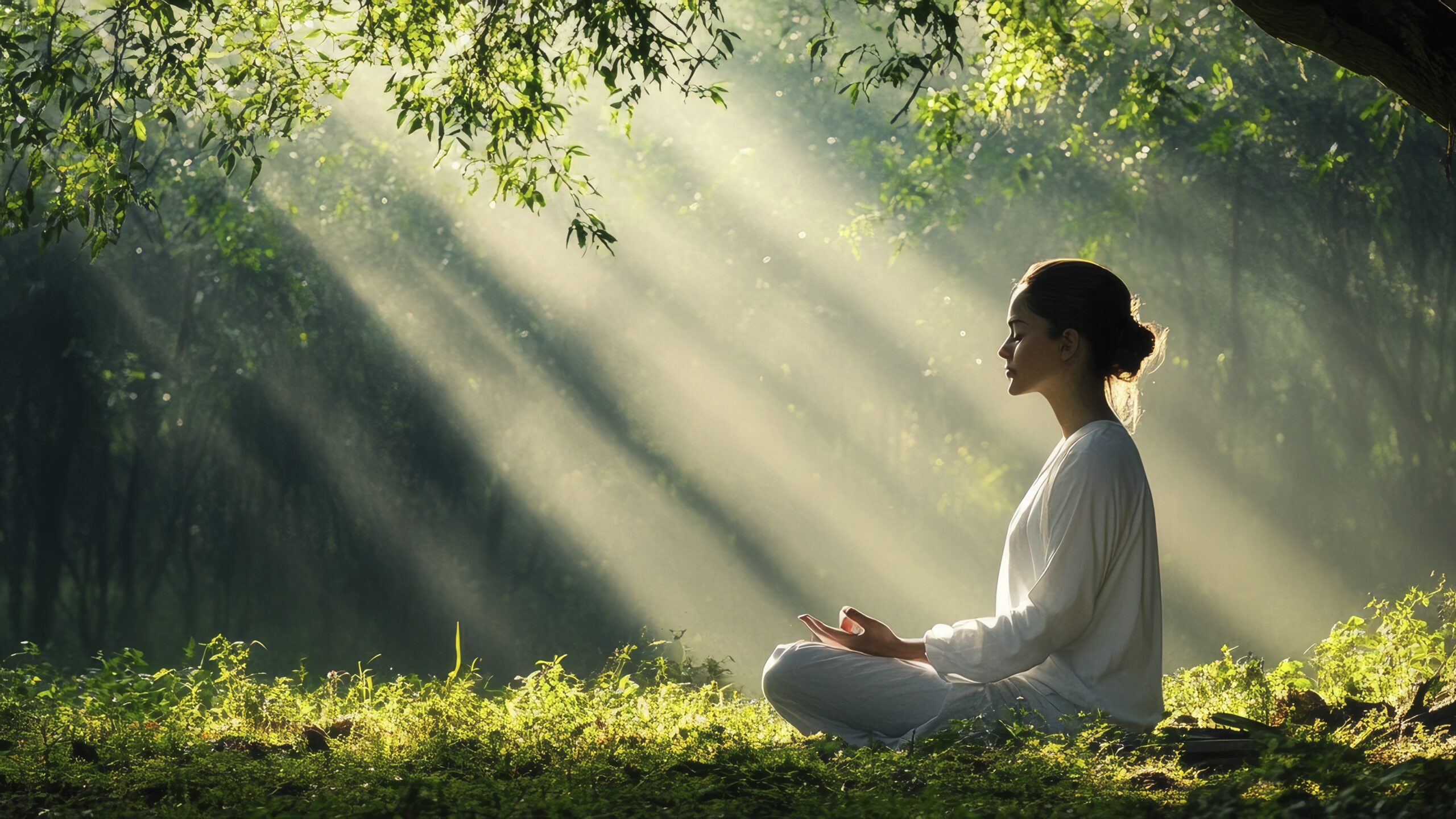 A beautiful woman meditating in nature, with light rays shining down on her from behind and green trees around her. She is wearing white robes. 6 Taste